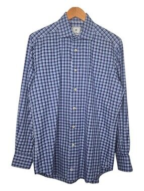 David Donahue Mens Blue Plaid Cotton Button Down Dress Shirt Size Medium